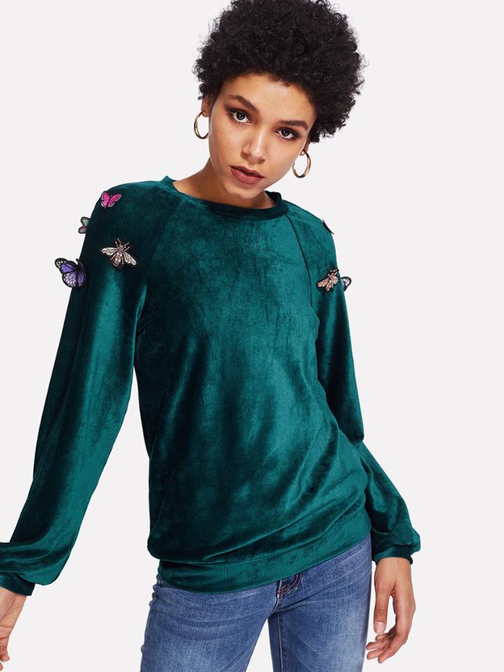 Shein Applique Detail Raglan Sleeve Ribbed Velvet Pullover