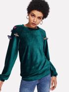 Shein Applique Detail Raglan Sleeve Ribbed Velvet Pullover