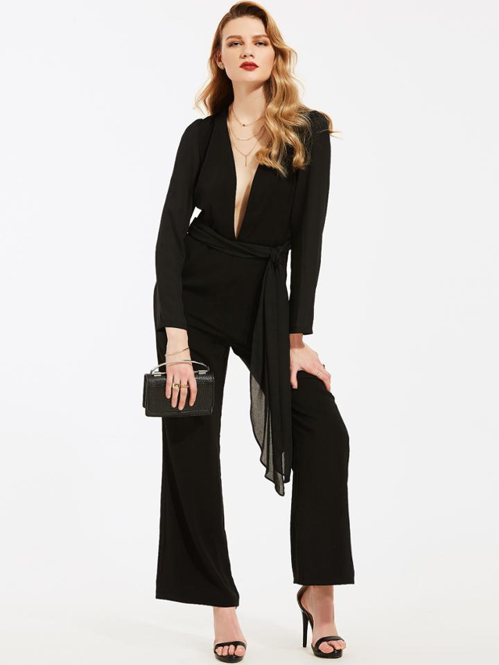 Shein Plunging V-neckline Wide Leg Jumpsuit With Belt