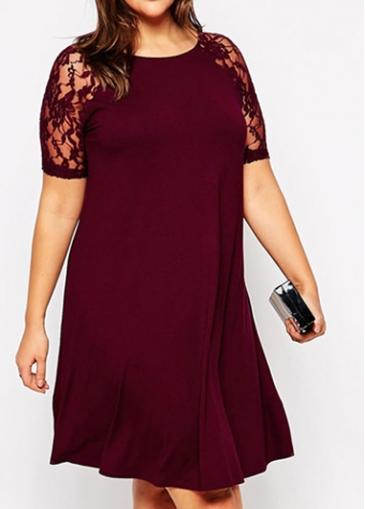 Rosewe Lace Patchwork Round Neck Wine Red Dress