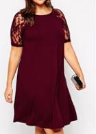 Rosewe Lace Patchwork Round Neck Wine Red Dress