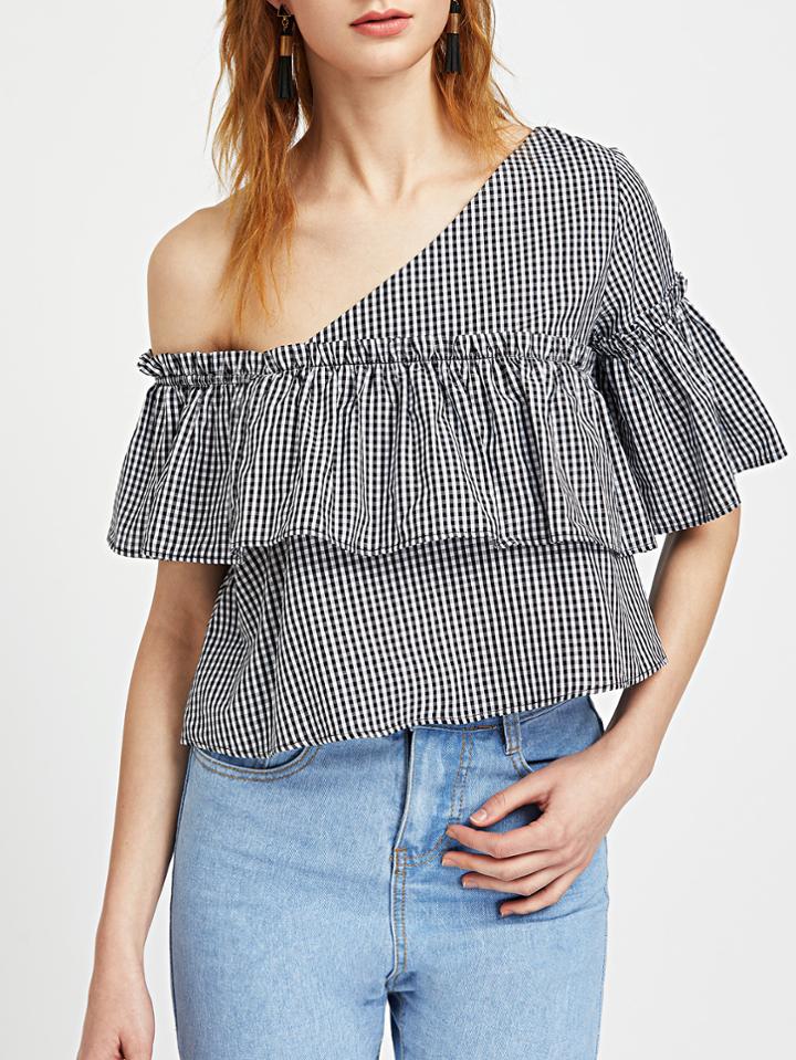 Shein Asymmetric Off Shoulder Frill Trim Checkered Top