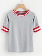 Shein Contrast Stripe Trim Raglan Sleeve Marled Tee