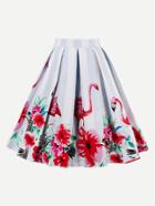 Shein Contrast Striped Flamingo Print Box Pleated Skirt