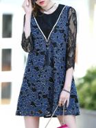 Shein Blue Applique Pouf Contrast Lace Dress