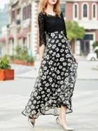 Shein Black Contrast Gazue Print Lace Dress