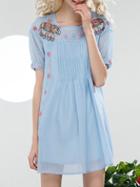 Shein Blue Embroidered Pleated Shift Dress