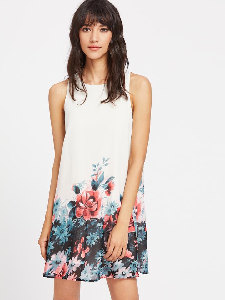 Shein Flower Print Buttoned Keyhole Back Tank Dress