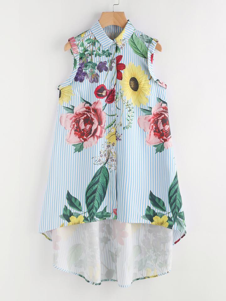 Shein Random Florals Vertical Striped Dip Hem Shirt Dress