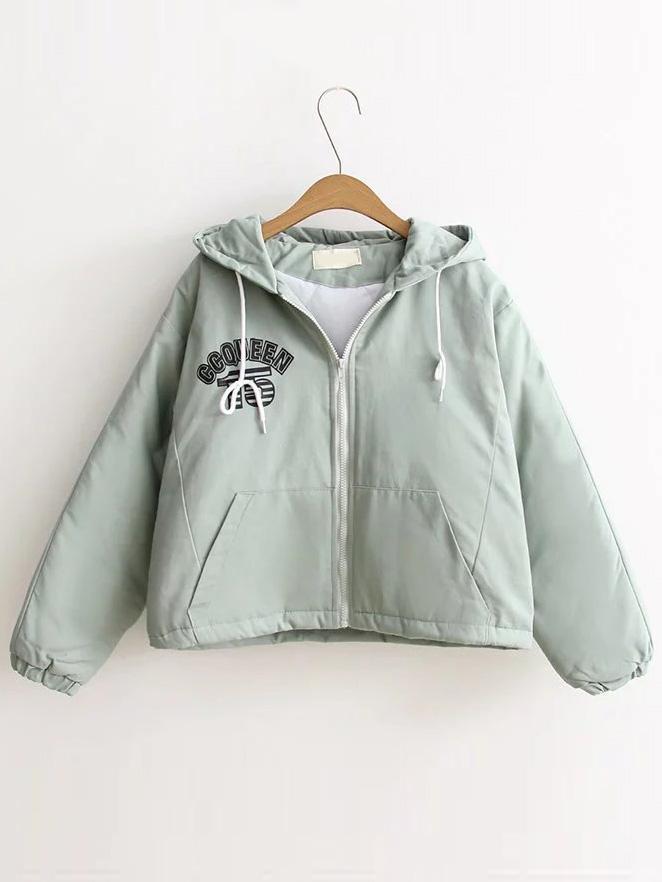 Shein Light Green Letter Print Hooded Padded Coat