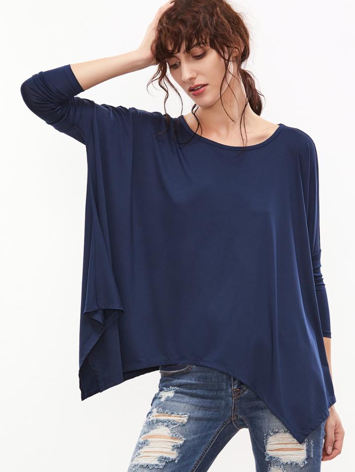 Shein Navy Dolman Sleeve Oversized Asymmetric T-shirt