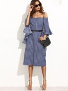 Shein Pinstripe Off Shoulder Frill Cuff Slit Dress