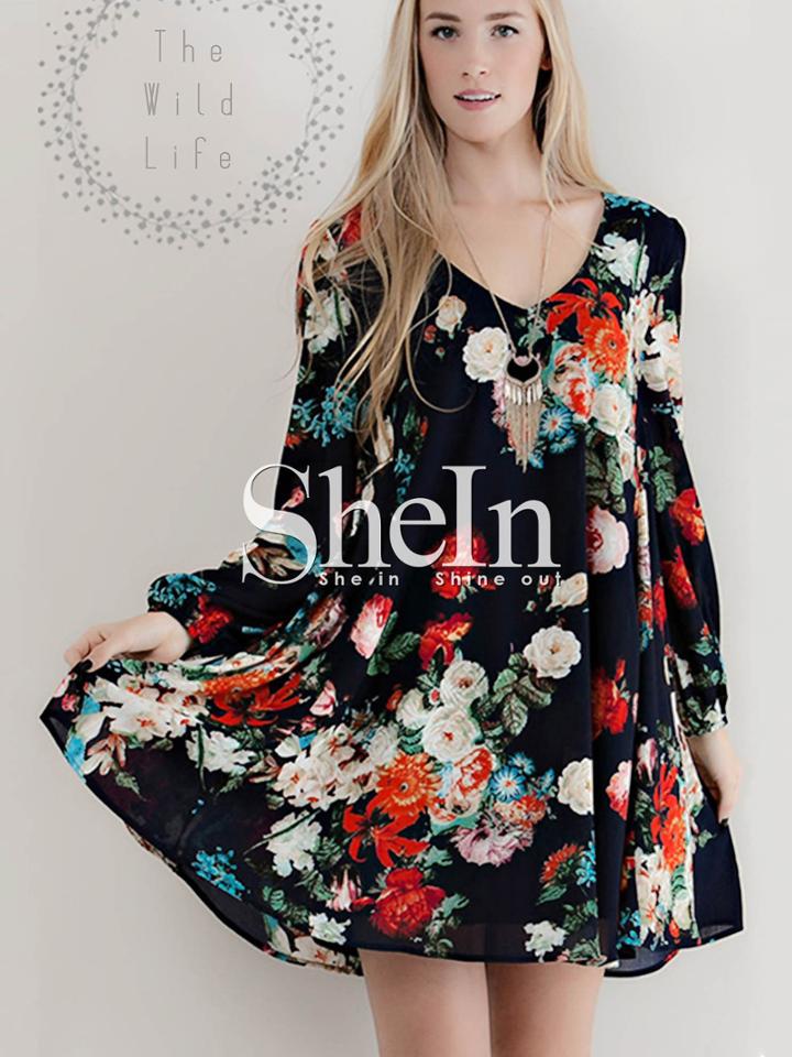Shein Black Cut Out Back Floral Dress