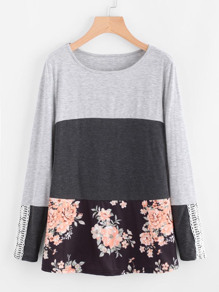 Shein Contrast Floral Print Color Block Tee