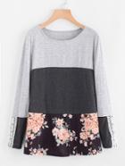 Shein Contrast Floral Print Color Block Tee