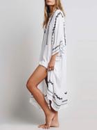 Shein White V Neck Aztec Embroidery Split Kimono Dress