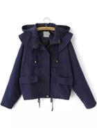 Shein Hooded Drawstring With Pockets Navy Coat