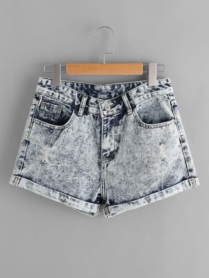 Shein Bleach Wash Cuffed Denim Shorts