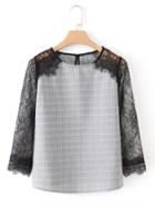 Shein Lace Sleeve Plaid Blouse