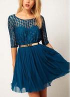 Rosewe Blue Half Sleeve O Neck A Line Dress