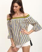 Shein Multicolor Striped Bell Sleeve Off The Shoulder Blouse