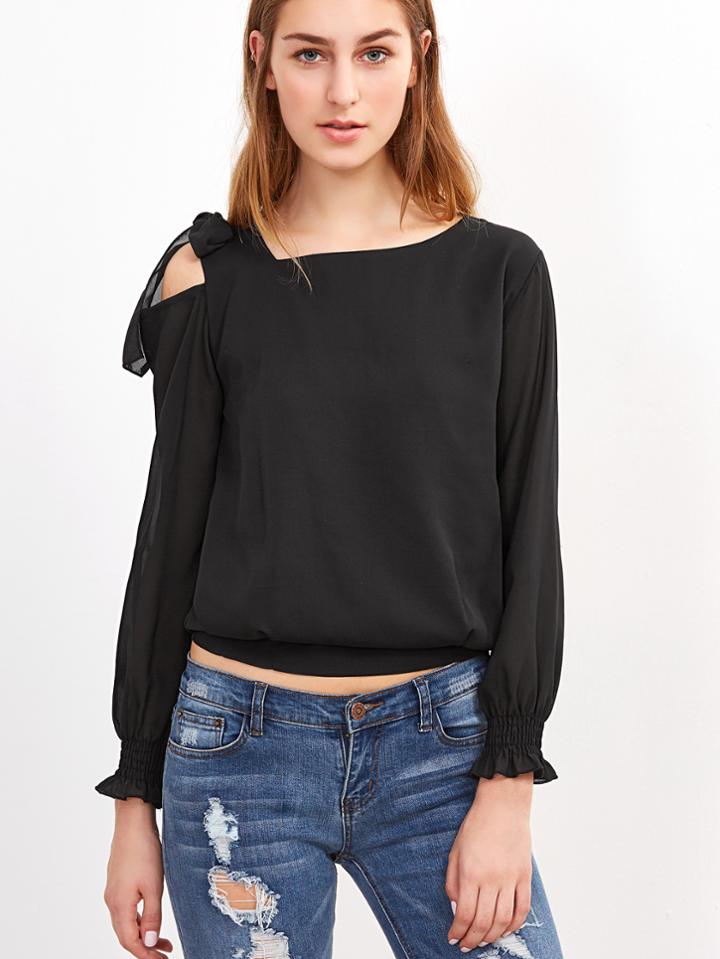 Shein Black Tie Shoulder Shirred Cuff Chiffon Top