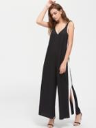 Shein Knot Shoulder Contrast Panel Slit Pinafore Jumpsuit