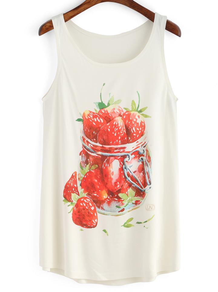 Shein White Strawberry Print Loose Tank Top