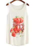 Shein White Strawberry Print Loose Tank Top