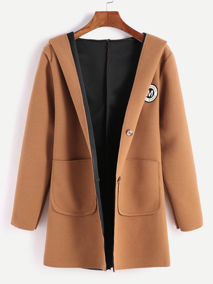 Shein Khaki Hooded Patches Back Belt Coat With Pockets