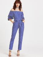 Shein Blue And White Striped Billow Sleeve Jumpsuit