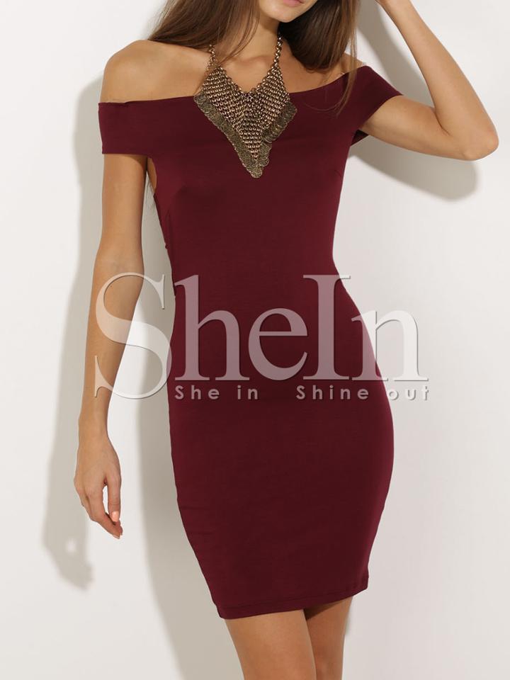Shein Burgundy Off The Shoulder Strappy Back Bodycon Dress