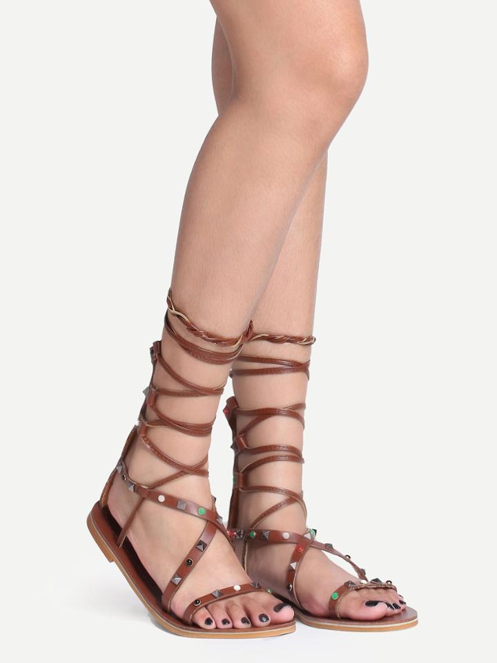 Shein Brown Lace-up Zipper Back Studded Crisscross Sandals