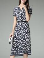 Shein Navy Belted Print A-line Dress