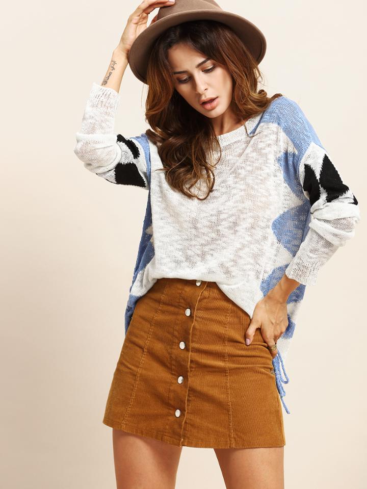 Shein Multicolor Lace Up Side Long Sleeve Knitted T-shirt
