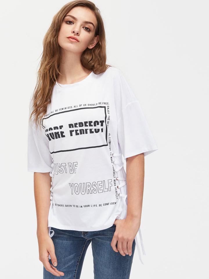 Shein Drop Shoulder Grommet Lace Up Side Graphic Tee