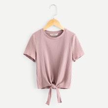 Shein Girls Ribbed Knit Knot Hem Tee