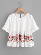 Shein Trumpet Sleeve Flower Embroidered Smock Top