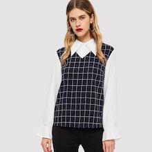 Shein Ruffle Cuff Plaid 2 In 1 Blouse