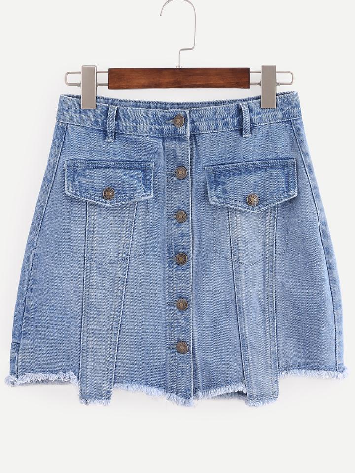 Shein Blue Button Asymmetrical Denim Skirt