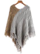 Shein Color Block Fringe Hem Cable Knit Poncho Sweater