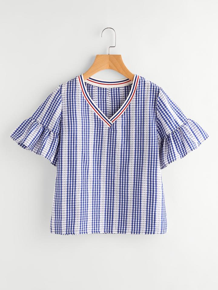 Shein Contrast Striped Trim Frill Cuff Gingham Blouse