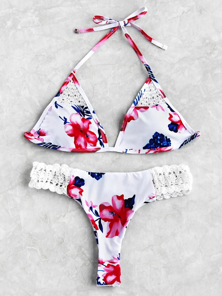 Shein Calico Print Crochet Insert Triangle Bikini Set