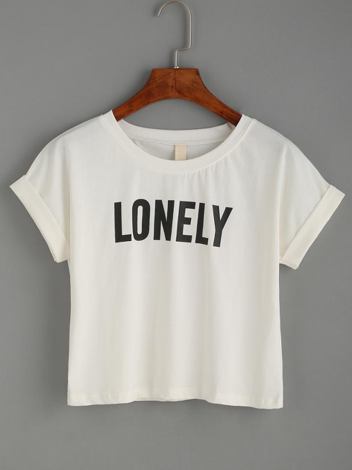 Shein White Letter Print Roll Sleeve T-shirt