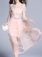 Shein Pink Flowers Applique Belted A-line Dress