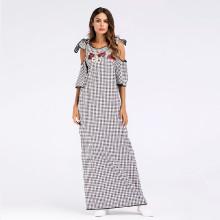Shein Floral Embroidered Self Tie Open Shoulder Plaid Dress