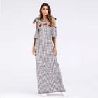 Shein Floral Embroidered Self Tie Open Shoulder Plaid Dress