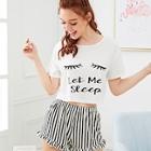 Shein Graphic Tee & Frilled Striped Shorts Pj Set