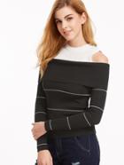 Shein Contrast Open Shoulder Foldover Striped Jersey Sweater