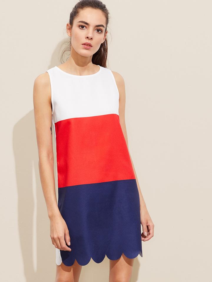 Shein Buttoned Keyhole Back Scallop Hem Color Block Dress